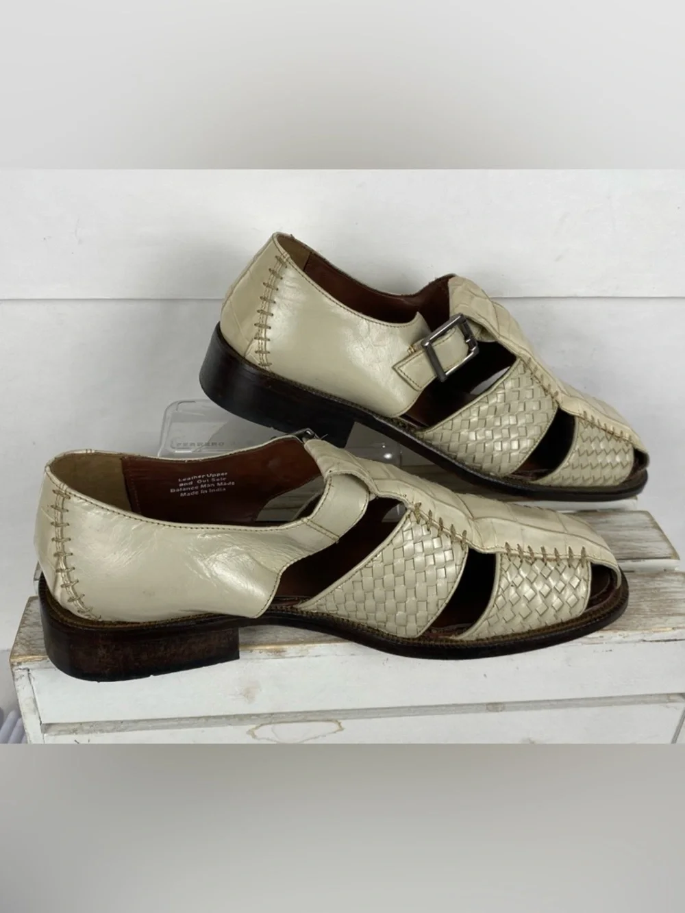 Stacy Adams men white woven fisherman sandals crocodile-print leather upper 10M